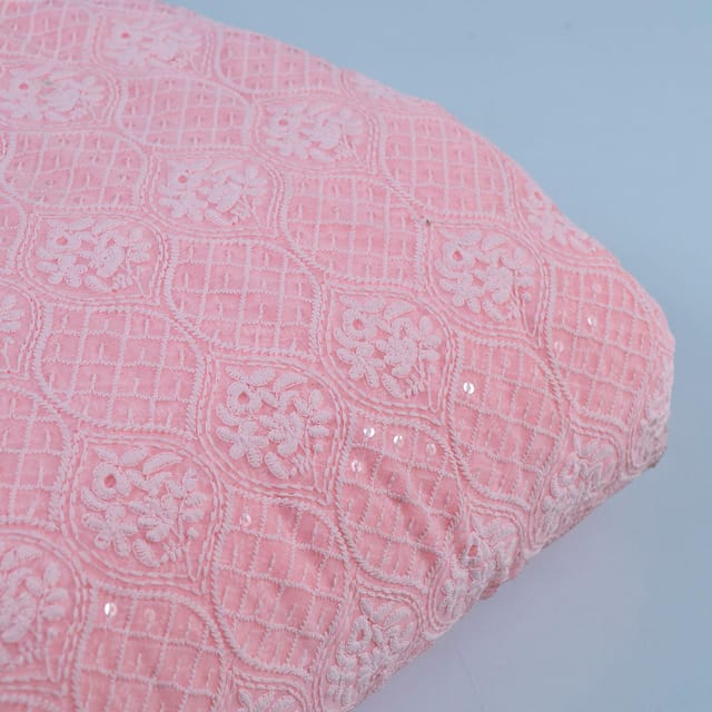 Pink Colour Georgette Chikan Embroidered Fabric