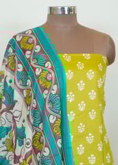 Lemon Colour Cotton Print Shirt With Cotton Bottom And Cotton Dupatta