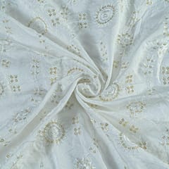 White Colour Dyeable Muslin With Thread and Sequin Embroidered Fabric