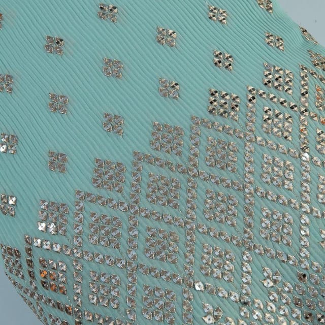 Sea Green Color Georgette Pleat Embroidered Fabric