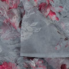 Grey Colour Poly Organza Embroidery Digital Print fabric(1.30Meter Piece)