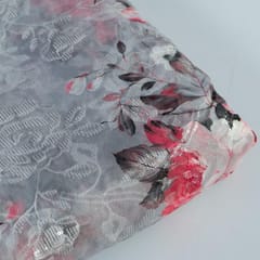 Grey Colour Poly Organza Embroidery Digital Print fabric(1.30Meter Piece)