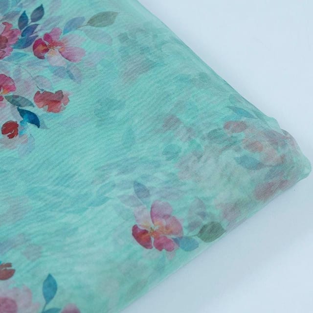 Sea Green Colour Organza Digital Printed Fabric
