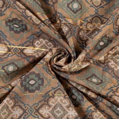 Beige Brown Muslin Zari Digital Printed Fabric