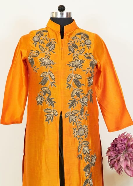 Orange Colour Chanderi Embroidered Shirt With Lycra Net Pajami