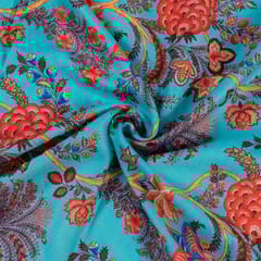 Firozi Colour Linen Cotton Digital Printed Fabric