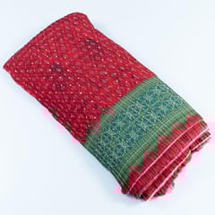 Red Colour Embroiderd Georgette Pleated Printed Fabric with Green Border