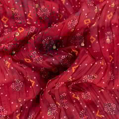 Red Colour Embroiderd Georgette Pleated Printed Fabric with Green Border