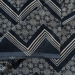 Black Colour Mashru Silk Ajrakh Printed Fabric
