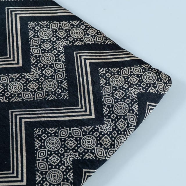 Black Colour Mashru Silk Ajrakh Printed Fabric