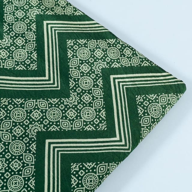 Green Colour Mashru Silk Ajrakh Printed Fabric