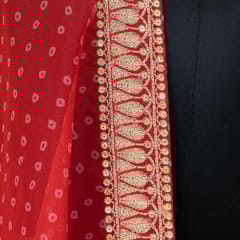 Red Colour Organza Bandhej Embroidered Dupatta