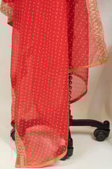Red Colour Organza Bandhej Embroidered Dupatta