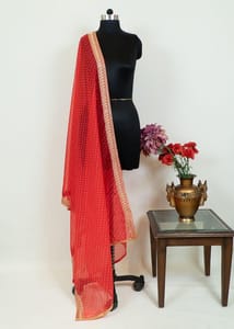 Red Colour Organza Bandhej Embroidered Dupatta