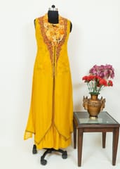Yellow Colour Viscose Organza Embroidered Jacket with Yellow Chinon Chiffon Printed Top with Rayon Palazzo
