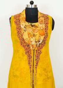 Yellow Colour Viscose Organza Embroidered Jacket with Yellow Chinon Chiffon Printed Top with Rayon Palazzo