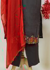 Grey Colour Muslin Embroidered Shirt With Rayon Pant And Colour Chiffon Dupatta