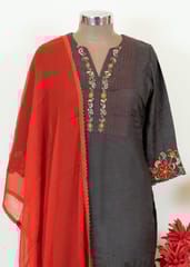 Grey Colour Muslin Embroidered Shirt With Rayon Pant And Colour Chiffon Dupatta