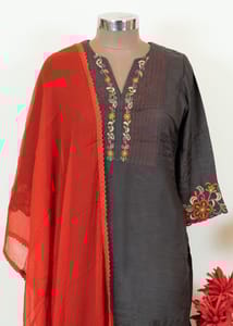 Grey Colour Muslin Embroidered Shirt With Rayon Pant And Colour Chiffon Dupatta