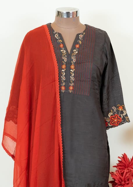 Grey Colour Muslin Embroidered Shirt With Rayon Pant And Colour Chiffon Dupatta