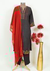 Grey Colour Muslin Embroidered Shirt With Rayon Pant And Colour Chiffon Dupatta