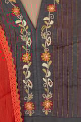 Grey Colour Muslin Embroidered Shirt With Rayon Pant And Colour Chiffon Dupatta