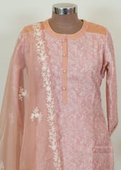 Peach Colour Muslin Thread Embroidered Shirt With Muslin Bottom and Organza Embroidered Dupatta