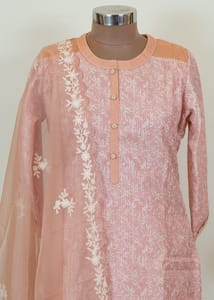 Peach Colour Muslin Thread Embroidered Shirt With Muslin Bottom and Organza Embroidered Dupatta