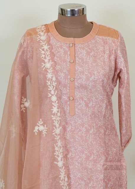 Peach Colour Muslin Thread Embroidered Shirt With Muslin Bottom and Organza Embroidered Dupatta