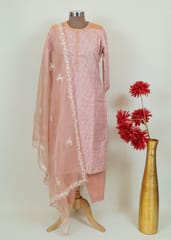 Peach Colour Muslin Thread Embroidered Shirt With Muslin Bottom and Organza Embroidered Dupatta