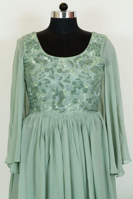 Sea Green Colour Georgette Embroidered Shirt With Georgette Sharara