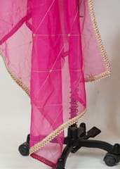 Majenta Colour Organza Hand Embroidered Dupatta