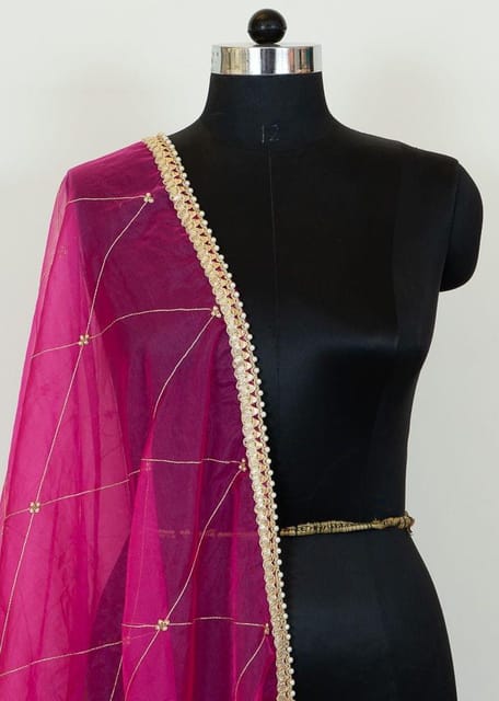 Majenta Colour Organza Hand Embroidered Dupatta