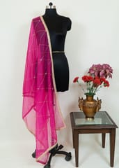Majenta Colour Organza Hand Embroidered Dupatta