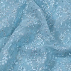 Powder Blue Colour Georgette Thread and Sequins Embroidered Fabric