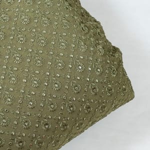 Mehndi Green Colour Georgette Thread and Faux Mirror Embroidered Fabric