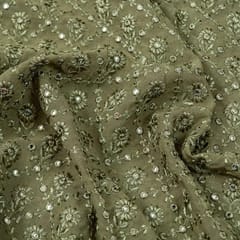 Mehndi Green Colour Georgette Thread and Faux Mirror Embroidered Fabric