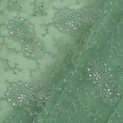 Light Green Color Georgette Thread and Faux Mirror Embroidered Fabric