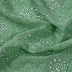 Light Green Color Georgette Thread and Faux Mirror Embroidered Fabric