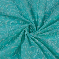 Sea Green Colour Cotton Thread Lakhnavi Embroidered Fabric