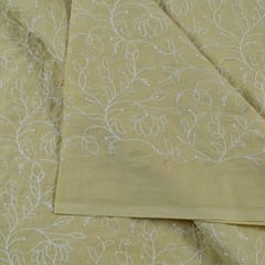 Lemon Colour Cotton Thread Lakhnavi Embroidered Fabric