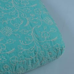 Sea Green Colour Cotton Thread Lakhnavi Embroidered Fabric