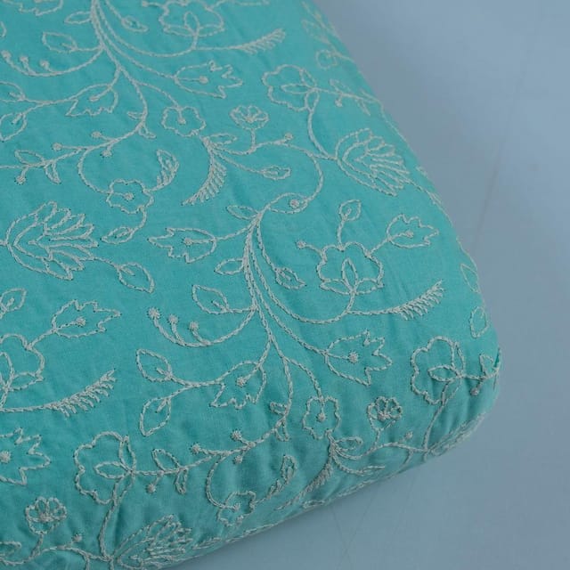 Sea Green Colour Cotton Thread Lakhnavi Embroidered Fabric