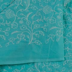 Sea Green Colour Cotton Thread Lakhnavi Embroidered Fabric