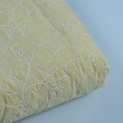 Lemon Colour Cotton Thread Lakhnavi Embroidered Fabric