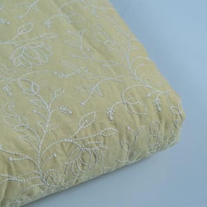 Lemon Colour Cotton Thread Lakhnavi Embroidered Fabric
