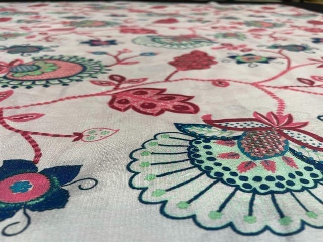 Pure Dupion Silk White Multicolor Floral