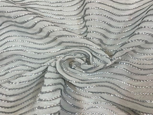 Dyeable Embroidered Georgette White Wavy Stripes