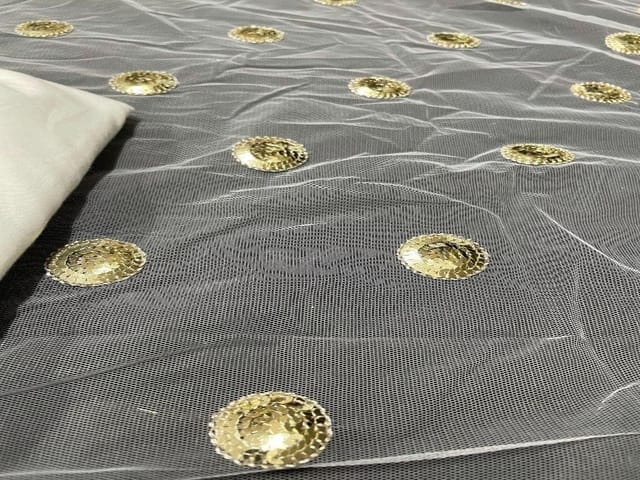 Dyeable Embroidered Net White Golden Circles