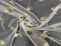 Dyeable Embroidered Net White Golden Circles